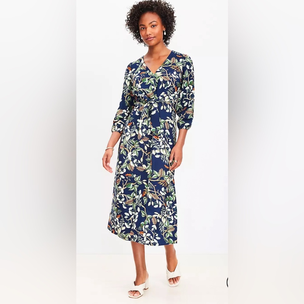 Loft NWT Navy Tie-Front Leaf Print Long Sleeve Dress
